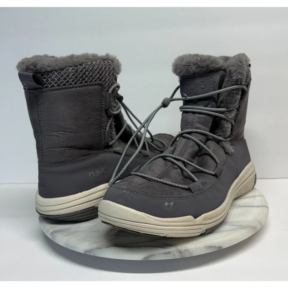 Ryka Boots Womens‎ 9 Gray Faux Leather Faux Fur Lined Aubonne Elastic Bungee